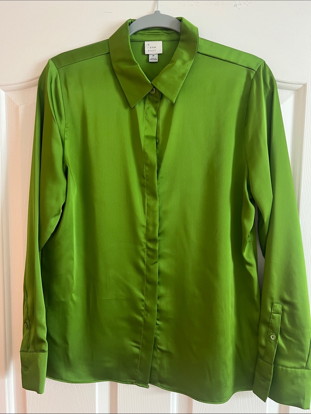 a new day Lime Green Satin Button-Front Blouse